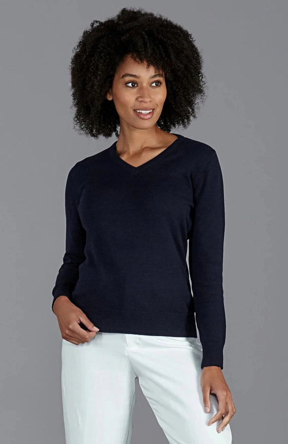 Womens Pure Cotton V-Neck Jumper Navy-Jumper-Paul James Knitwear-XS-Navy-Urbanheer