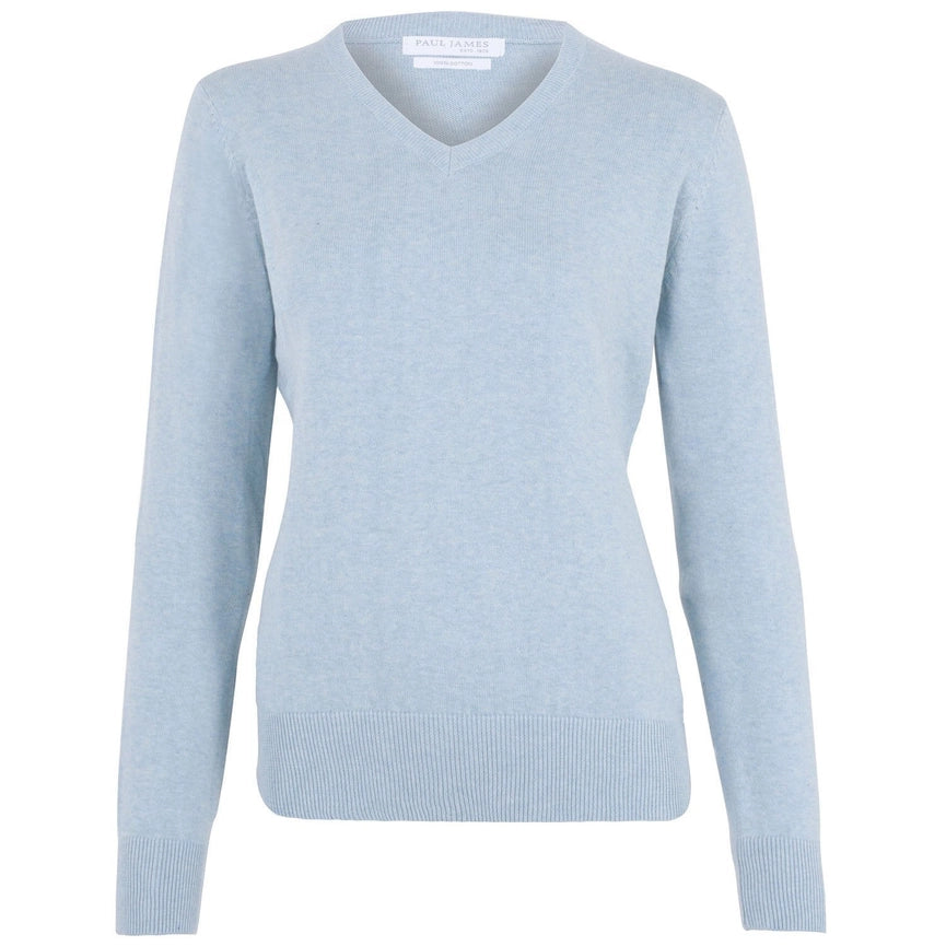 Womens Pure Cotton V-Neck Jumper Pale Blue-Jumper-Paul James Knitwear-XS-Pale Blue-Urbanheer
