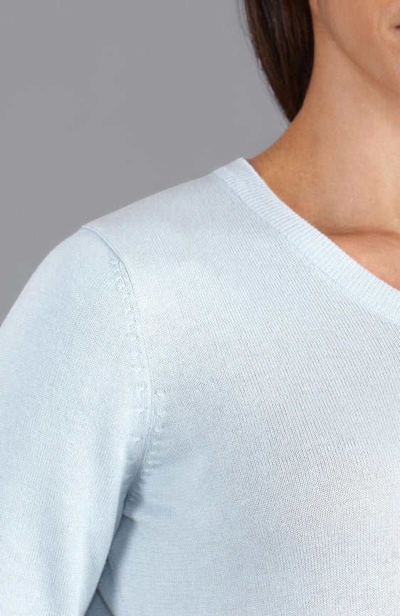 Womens Pure Cotton V-Neck Jumper Pale Blue-Jumper-Paul James Knitwear-XS-Pale Blue-Urbanheer