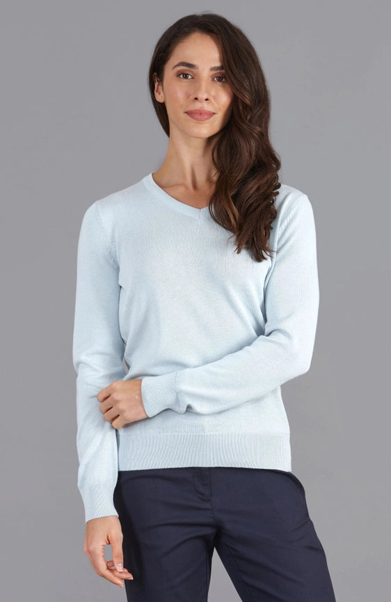 Womens Pure Cotton V-Neck Jumper Pale Blue-Jumper-Paul James Knitwear-XS-Pale Blue-Urbanheer