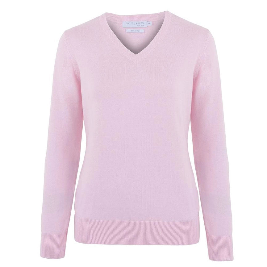Womens Pure Cotton V-Neck Jumper Pink-Jumper-Paul James Knitwear-XS-Pink-Urbanheer