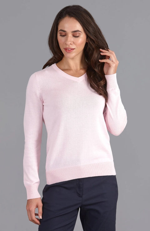 Womens Pure Cotton V-Neck Jumper Pink-Jumper-Paul James Knitwear-XS-Pink-Urbanheer