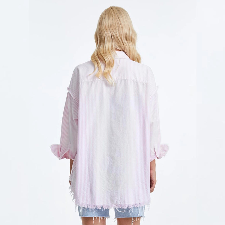 Women's Ragged Long Sleeve Loose Chambray Shirts LIGHT PURPLE/WHITE STRIPE-Shirts-BAYEAS-XS-LIGHT PURPLE/WHITE STRIPE-Urbanheer