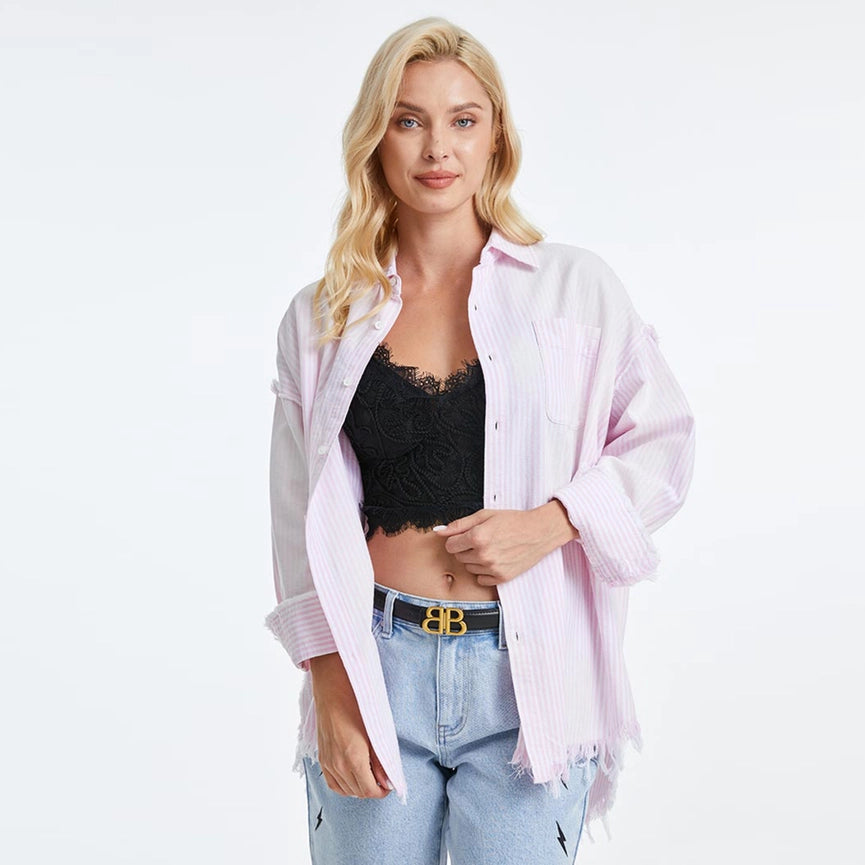 Women's Ragged Long Sleeve Loose Chambray Shirts LIGHT PURPLE/WHITE STRIPE-Shirts-BAYEAS-XS-LIGHT PURPLE/WHITE STRIPE-Urbanheer