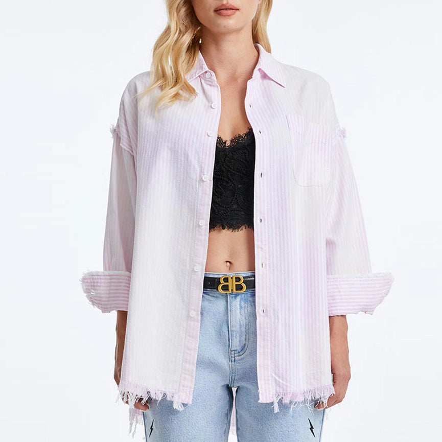 Women's Ragged Long Sleeve Loose Chambray Shirts LIGHT PURPLE/WHITE STRIPE-Shirts-BAYEAS-XS-LIGHT PURPLE/WHITE STRIPE-Urbanheer