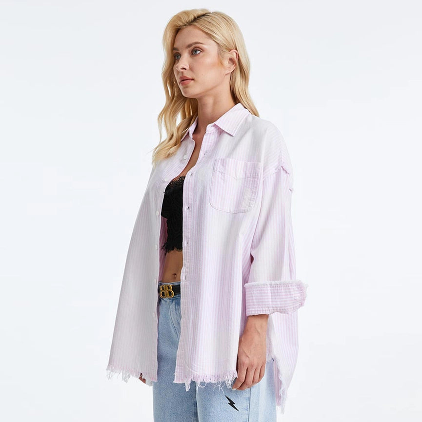Women's Ragged Long Sleeve Loose Chambray Shirts LIGHT PURPLE/WHITE STRIPE-Shirts-BAYEAS-XS-LIGHT PURPLE/WHITE STRIPE-Urbanheer