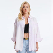 Women's Ragged Long Sleeve Loose Chambray Shirts LIGHT PURPLE/WHITE STRIPE-Shirts-BAYEAS-XS-LIGHT PURPLE/WHITE STRIPE-Urbanheer