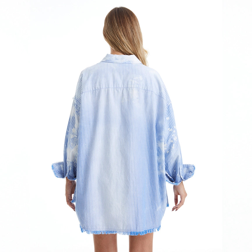 Women's Ragged Long Sleeve Loose Chambray Shirts SKY/WHITE STRIPE-Shirts-BAYEAS-XS-SKY/WHITE STRIPE-Urbanheer