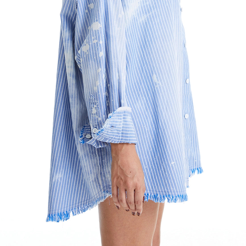 Women's Ragged Long Sleeve Loose Chambray Shirts SKY/WHITE STRIPE-Shirts-BAYEAS-XS-SKY/WHITE STRIPE-Urbanheer
