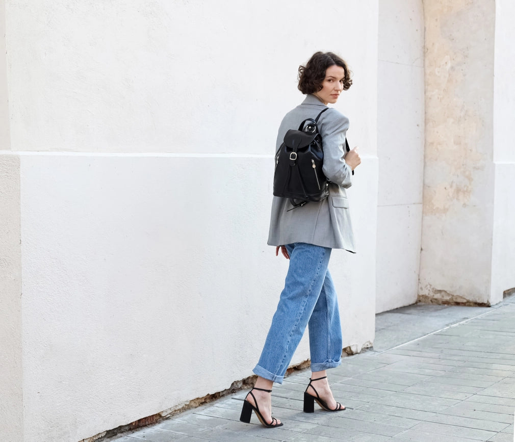 Womens Tan Leather Backpack - White Noise Black-Backpacks-Time Resistance-9.8 x 5.5 x 11.8 in (25 x 14 x 30 cm)-Black-Urbanheer