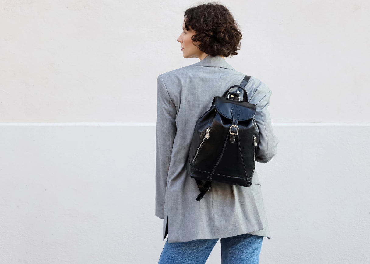 Womens Tan Leather Backpack - White Noise Black-Backpacks-Time Resistance-9.8 x 5.5 x 11.8 in (25 x 14 x 30 cm)-Black-Urbanheer