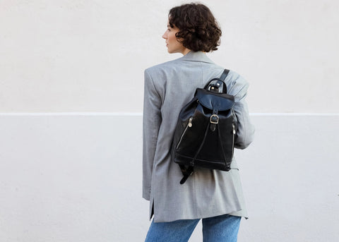 Womens Tan Leather Backpack - White Noise Black-Backpacks-Time Resistance-9.8 x 5.5 x 11.8 in (25 x 14 x 30 cm)-Black-Urbanheer