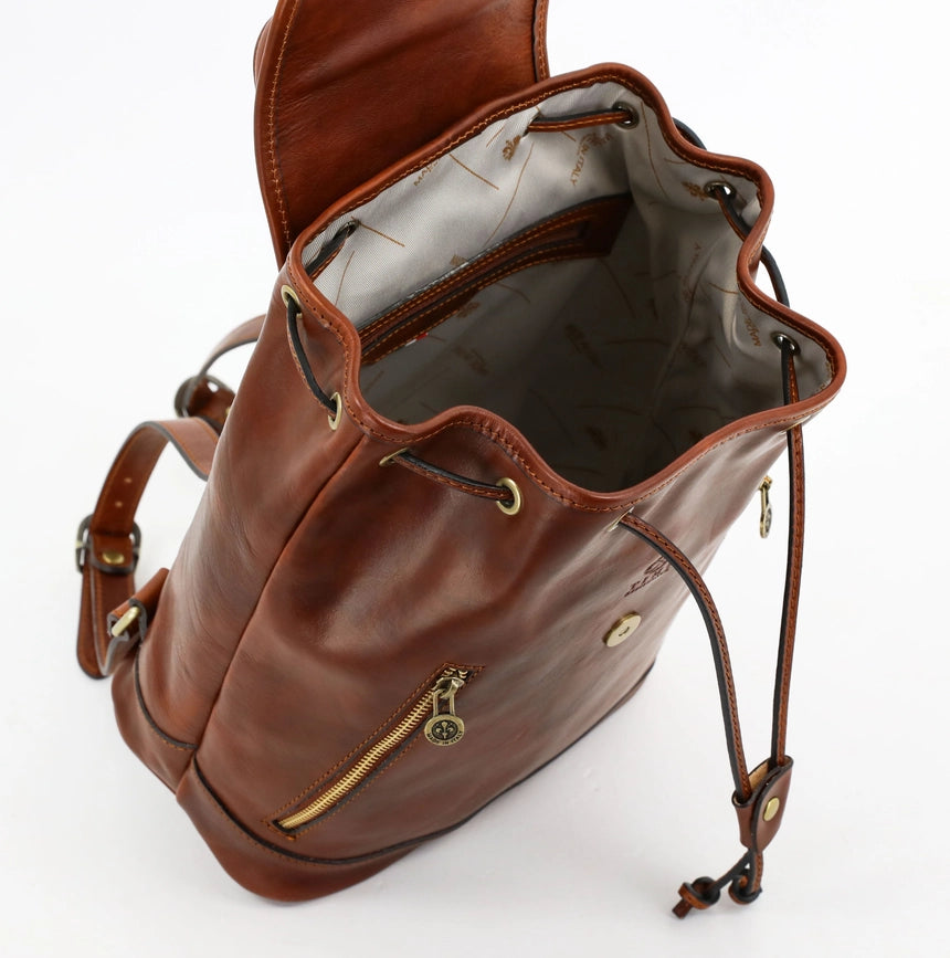 Womens Tan Leather Backpack - White Noise Cognac-Backpacks-Time Resistance-9.8 x 5.5 x 11.8 in (25 x 14 x 30 cm)-Cognac-Urbanheer