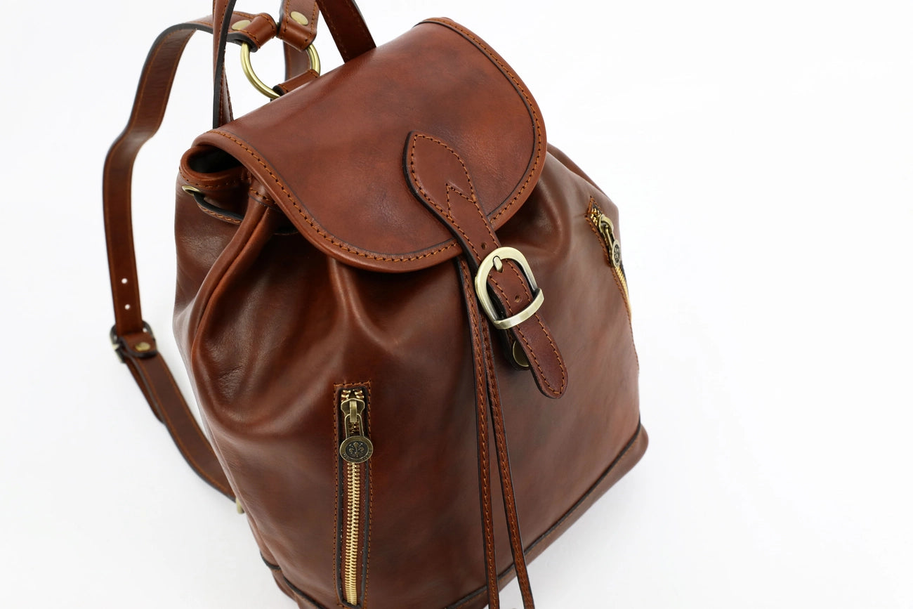 Womens Tan Leather Backpack - White Noise Cognac-Backpacks-Time Resistance-9.8 x 5.5 x 11.8 in (25 x 14 x 30 cm)-Cognac-Urbanheer