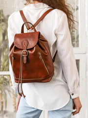 Womens Tan Leather Backpack - White Noise Cognac-Backpacks-Time Resistance-9.8 x 5.5 x 11.8 in (25 x 14 x 30 cm)-Cognac-Urbanheer