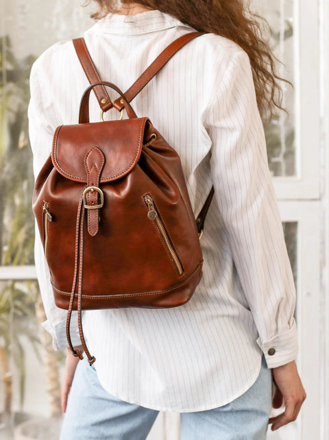 Womens Tan Leather Backpack - White Noise Cognac-Backpacks-Time Resistance-9.8 x 5.5 x 11.8 in (25 x 14 x 30 cm)-Cognac-Urbanheer