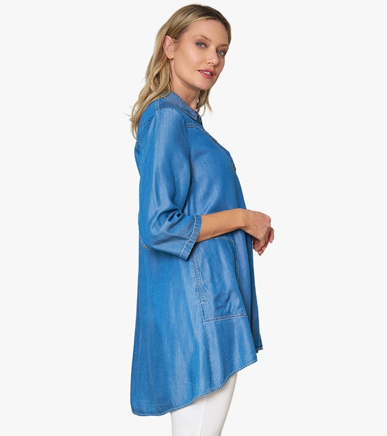 Women's Tencel® Denim Shirt Top Storyteller Tunic-Tunic-Stella Carakasi-XS-MEDIUM WASH-Urbanheer