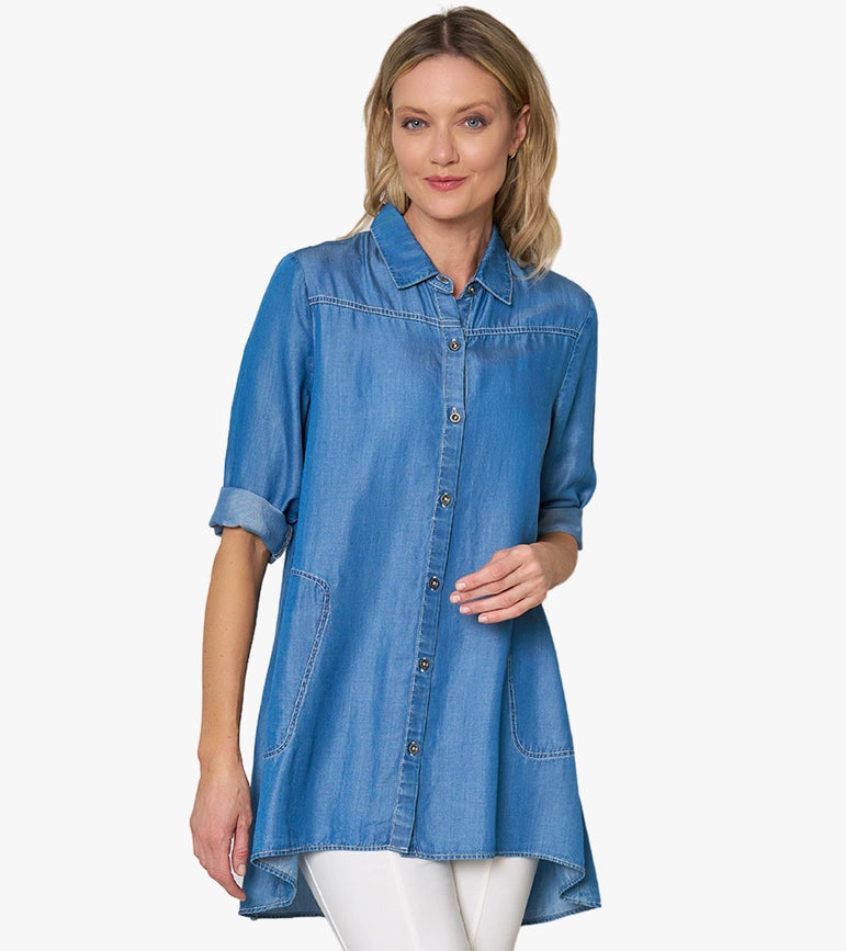 Women's Tencel® Denim Shirt Top Storyteller Tunic-Tunic-Stella Carakasi-XS-MEDIUM WASH-Urbanheer