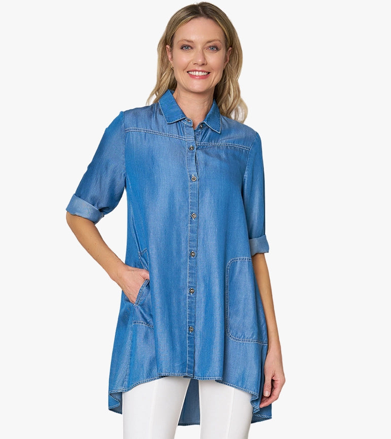 Women's Tencel® Denim Shirt Top Storyteller Tunic-Tunic-Stella Carakasi-XS-MEDIUM WASH-Urbanheer