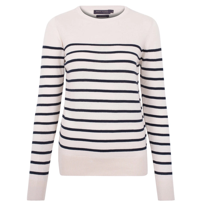 Womens Ultra-Fine Cotton Breton Crew Neck Jumper Ecru-Jumper-Paul James Knitwear-XS-Ecru-Urbanheer