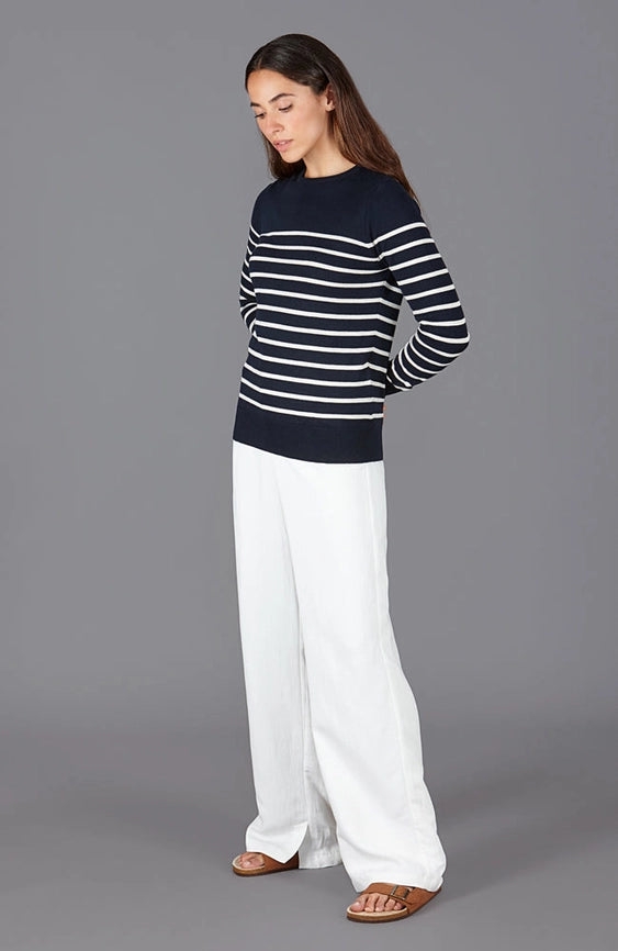 Womens Ultra-Fine Cotton Breton Crew Neck Jumper Navy-Jumper-Paul James Knitwear-XS-Navy-Urbanheer