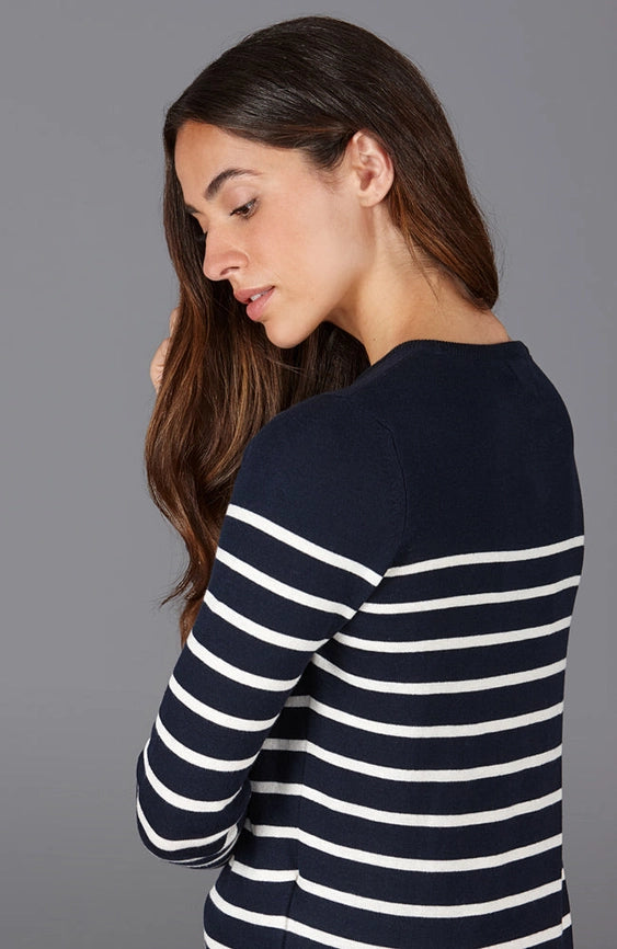 Womens Ultra-Fine Cotton Breton Crew Neck Jumper Navy-Jumper-Paul James Knitwear-XS-Navy-Urbanheer