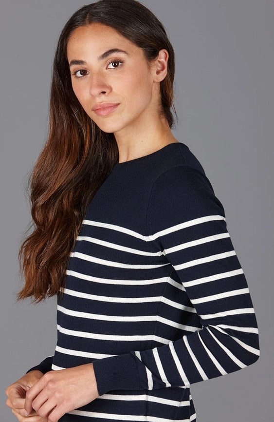 Womens Ultra-Fine Cotton Breton Crew Neck Jumper Navy-Jumper-Paul James Knitwear-XS-Navy-Urbanheer