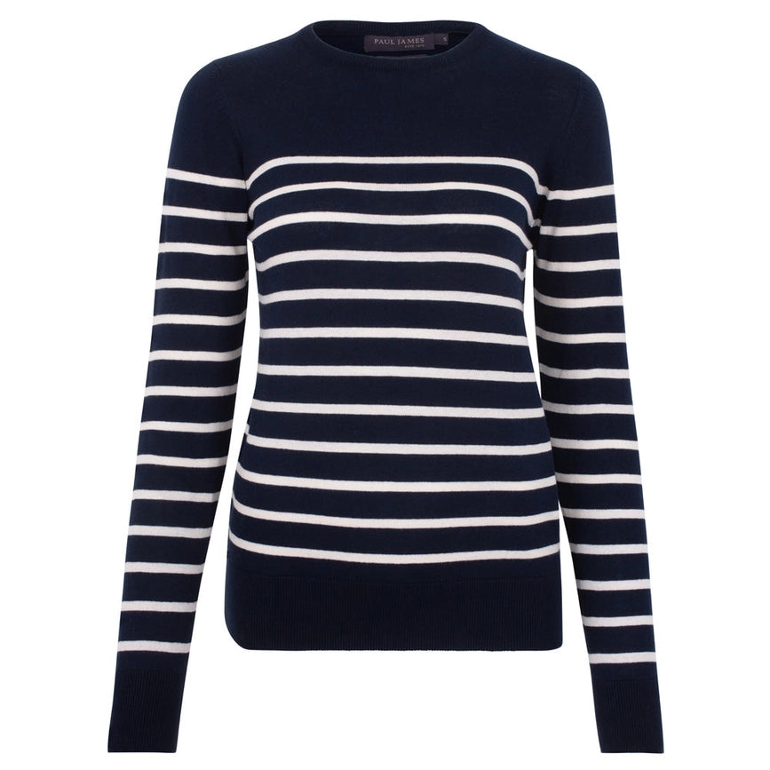 Womens Ultra-Fine Cotton Breton Crew Neck Jumper Navy-Jumper-Paul James Knitwear-XS-Navy-Urbanheer