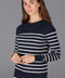 Womens Ultra-Fine Cotton Breton Crew Neck Jumper Navy-Jumper-Paul James Knitwear-XS-Navy-Urbanheer