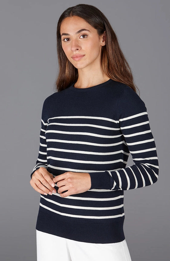Womens Ultra-Fine Cotton Breton Crew Neck Jumper Navy-Jumper-Paul James Knitwear-XS-Navy-Urbanheer