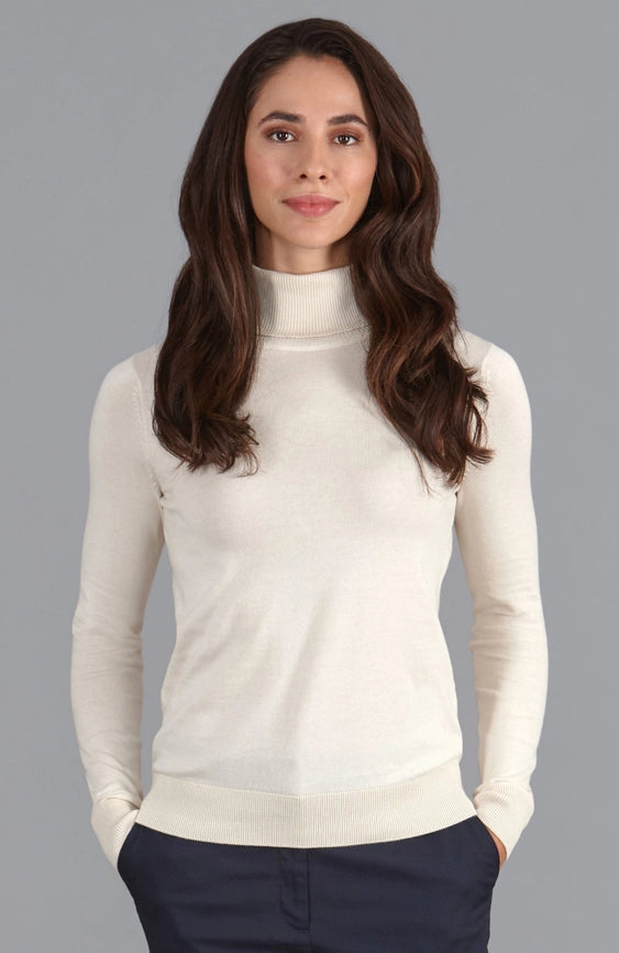 Womens Ultra-Fine Cotton Roll Neck Long Sleeve Jumper Ecru-Jumper-Paul James Knitwear-XS-Urbanheer