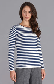 Womens Ultra Fine Cotton Round Neck Breton Stripe Jumper Insignia Blue-Jumper-Paul James Knitwear-M-Urbanheer