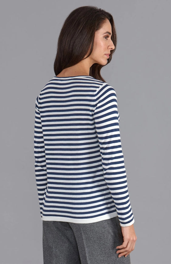 Womens Ultra Fine Cotton Round Neck Breton Stripe Jumper Insignia Blue-Jumper-Paul James Knitwear-M-Urbanheer