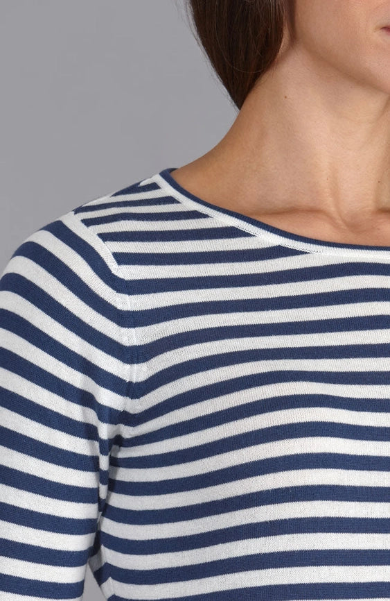 Womens Ultra Fine Cotton Round Neck Breton Stripe Jumper Insignia Blue-Jumper-Paul James Knitwear-M-Urbanheer