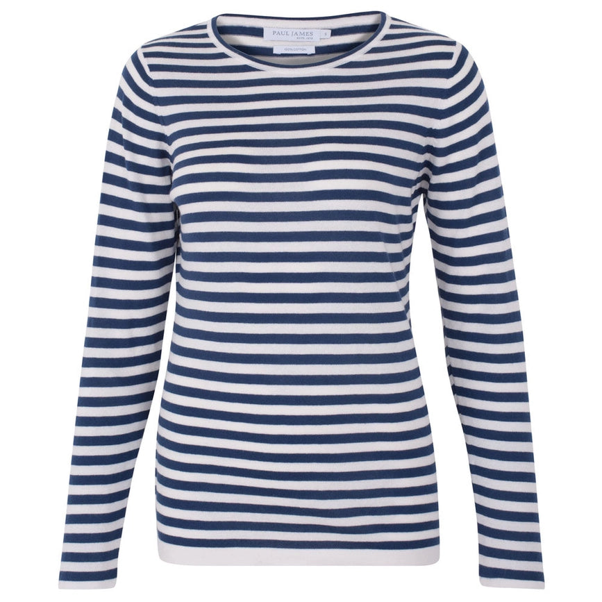 Womens Ultra Fine Cotton Round Neck Breton Stripe Jumper Insignia Blue-Jumper-Paul James Knitwear-M-Urbanheer