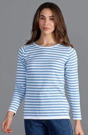 Womens Ultra Fine Cotton Round Neck Breton Stripe Jumper-Jumper-Paul James Knitwear-M-Sky Blue-Urbanheer
