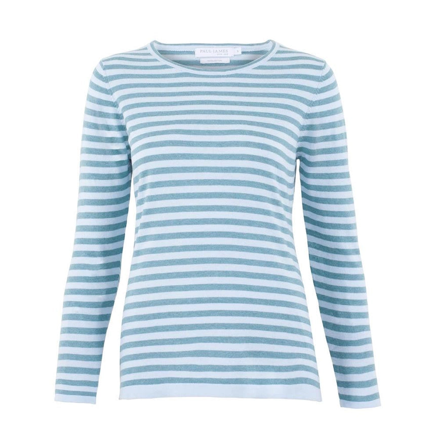 Womens Ultra Fine Cotton Round Neck Breton Stripe Jumper-Jumper-Paul James Knitwear-S-Teal-Urbanheer