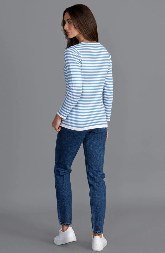 Womens Ultra Fine Cotton Round Neck Breton Stripe Jumper-Jumper-Paul James Knitwear-S-Teal-Urbanheer