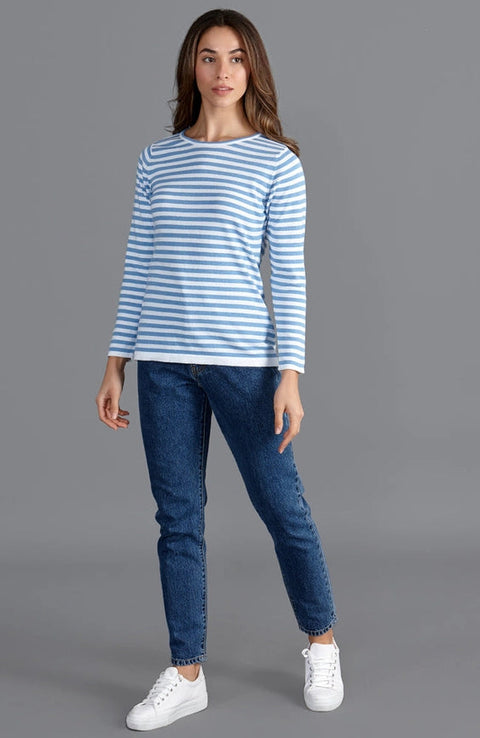Womens Ultra Fine Cotton Round Neck Breton Stripe Jumper-Jumper-Paul James Knitwear-S-Teal-Urbanheer