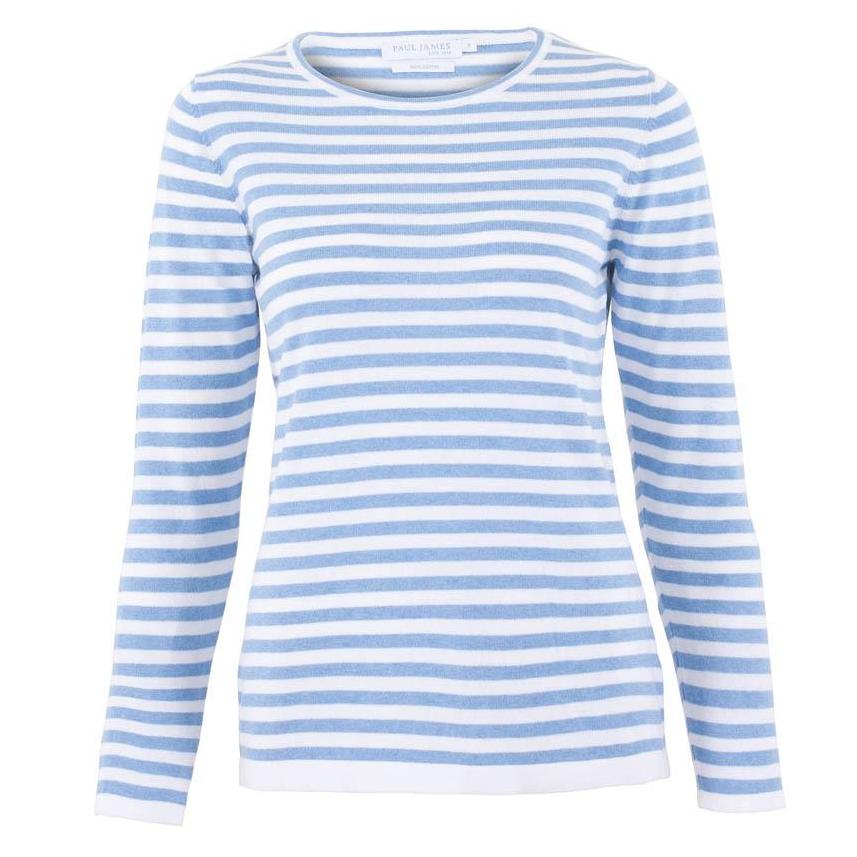 Womens Ultra Fine Cotton Round Neck Breton Stripe Jumper-Jumper-Paul James Knitwear-S-Teal-Urbanheer