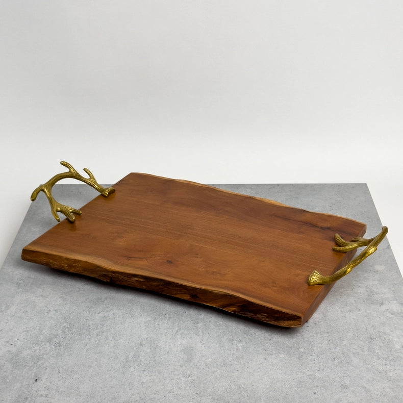 Wood Tray with Gold Antler Handles-Tray-India Handicrafts Inc-17x10"-Urbanheer