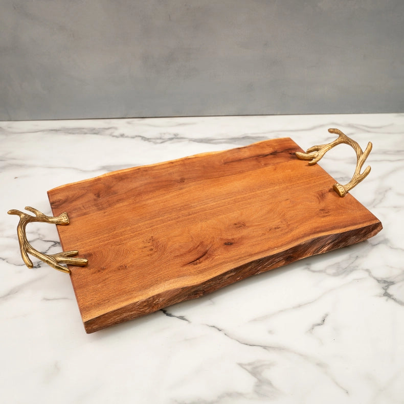 Wood Tray with Gold Antler Handles-Tray-India Handicrafts Inc-17x10"-Urbanheer