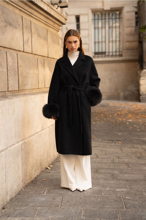 Wool-Blend Coat with Removable Faux-Fur Cuffs
