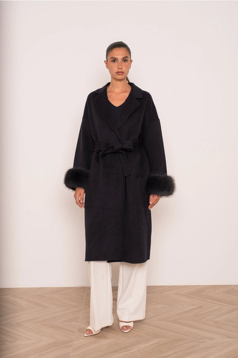 Wool-Blend Coat with Removable Faux-Fur Cuffs