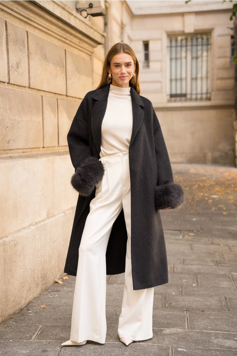 Wool-Blend Coat with Removable Faux-Fur Cuffs