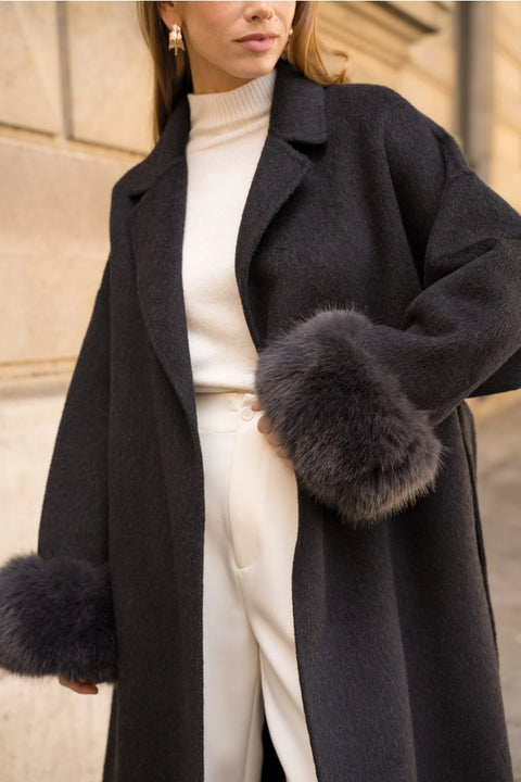 Wool-Blend Coat with Removable Faux-Fur Cuffs