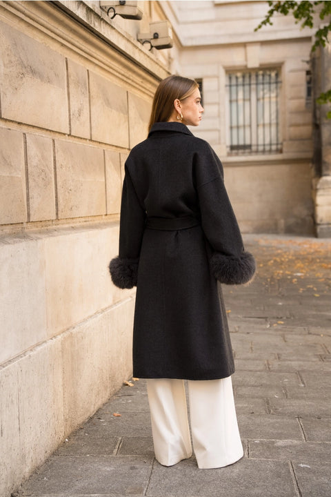 Wool-Blend Coat with Removable Faux-Fur Cuffs