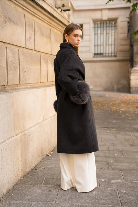 Wool-Blend Coat with Removable Faux-Fur Cuffs