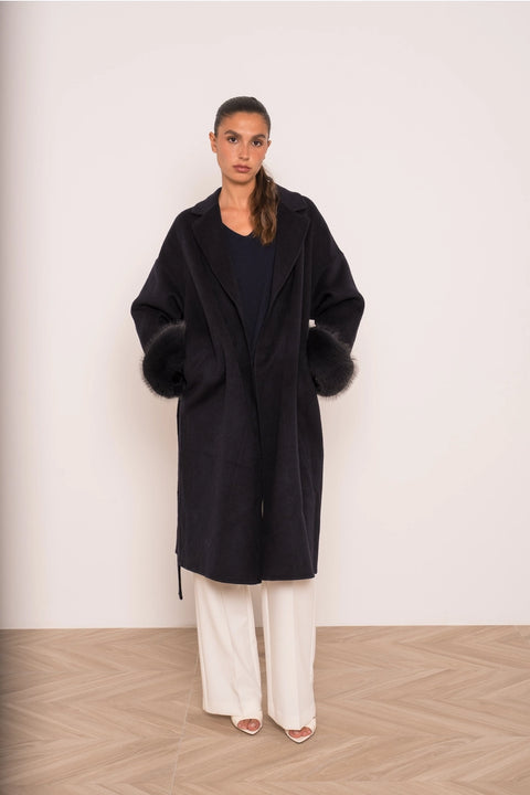 Wool-Blend Coat with Removable Faux-Fur Cuffs