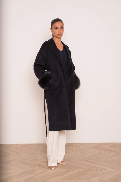 Wool-Blend Coat with Removable Faux-Fur Cuffs